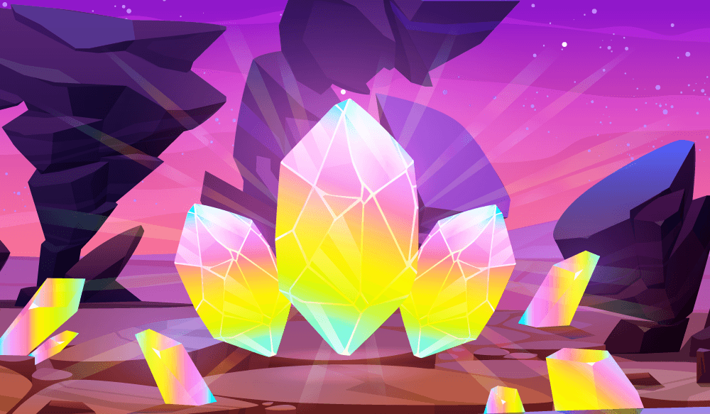 Three shining crystals arranged on a rocky floor, surrounded by rock structures under a purple night sky.