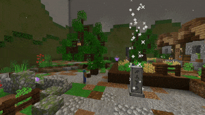 A player using the vein miner block to break several blocks, causing water to flow over the player.